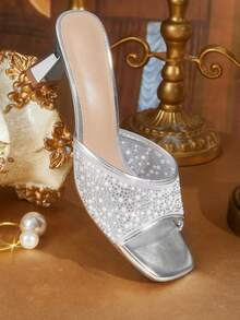 CUCCOO TILAWA Women's Shoes Spring And Summer New Fashionable And Comfortable Silver Rhinestone Pearl Square Toe High-Heeled Sandals, Commuting, Parties, Vacations - Silver - View 1