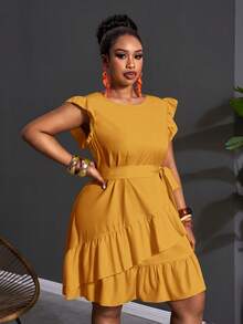 Slaydiva Plus Size Casual Elegant Solid Color Ruffle Hem Dress Wedding Guest Mustard Yellow Summer - Mustard Yellow - View 6