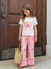SHEIN 2pcs Young Girl Knitted Solid Floral Pattern Casual T-Shirt And Floral Bell-Bottom Pants Set - Pink - View 4