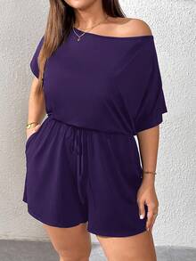 SHEIN Essnce Plus Size Women's Romper, Summer Wear, Shorts, Cutie Off-The-Shoulder,Summer Outfits For Women Summer,Rave Outfits Festival,Summer Outfits For Women Vacation Outfits Woman Casual Jumpsuit For Women - Purple - View 3