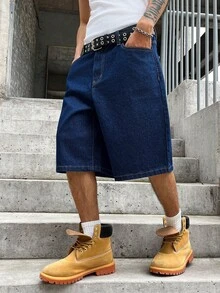 GALLERY FADE 男士街頭風休閒刺繡藍色牛仔短褲，度假款 - 深色水洗藍 - 查看 4