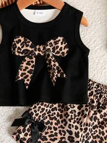 SHEIN Baby Girl Summer Apricot Leopard Print Set, Textured Sleeveless Top And Leopard Print Shorts With Apricot Bow Accent, Essential Daily Outfit - Black - View 6