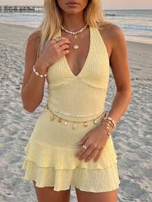 Sundraya Boho Cute Halter V Neck Ruffle Top Women Vacation Party Summer Going Out - Yellow - View 3