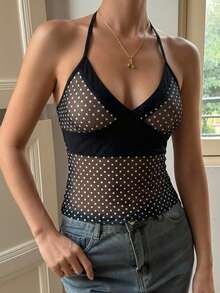 Strévra Áo hai dây nữ ôm sát phong cách hot girl, họa tiết chấm bi in toàn thân, mặc đi biển, lễ hội âm nhạc, đám cưới, dạo phố, du lịch, mùa xuân hè - màu đen - Xem 4
