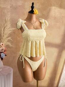 Bellisia Summer Women's Spaghetti Strap Bikini Top With Textured Ruched Fabric, Lace Trim Straps And Adjustable Side Tie Bottoms, Beach Swimsuit Set - Yellow - View 3