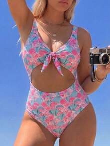 Swim Mod Plus Size One-Piece Swimsuit For Women, Elegant Sexy Pink Shell Print, V-Neck Front Twist Cutout, Holiday Summer Beach Vacation Pool Party - Multicolor - View 8