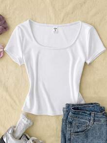 SHEIN Áo thun ngắn tay dáng ngắn ôm sát cổ tròn màu trơn dệt kim phong cách thường ngày cho thiếu nữ - trắng - Xem 1