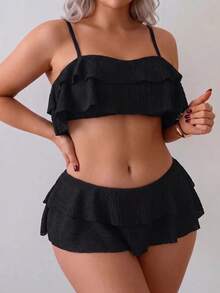 Swim Vcay Plus Size Women's 2-Piece Solid Color Textured Ruffle Trim Bikini Set, Thin Straps With Skirt-Style Swim Bottoms, Double Layer Ruffle Design, Suitable For Beach Vacation, Pool Party, Summer Outings And More - Black - View 4