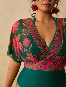 Travachic Plus Size Women's Floral Print 2 In 1 Swimsuit Bathing Suits For Women - Green - View 1