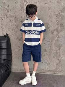 SHEIN Vacaura 青少年男孩春夏季短袖長褲兩件套，時尚針織條紋動物印花 Polo 衫，休閒舒適大口袋長褲，戶外百搭男孩套裝 - 藏蓝色 - 查看 7