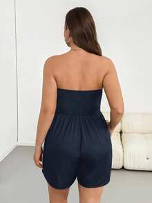 SHEIN Essnce Romper Tanpa Tali Hitam Modis untuk Wanita Ukuran Plus Musim Semi/Panas, Nyaman, Elastisitas Tinggi, Pakaian Sehari-hari, Serbaguna, dan Melangsingkan, Gaya Sederhana, Pakaian untuk Keluar, Musim Panas Eropa - Navy Blue - View 3