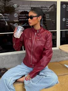 Muchica Women's Fashion Long Sleeve Zipper Versatile Short Jacket In Fall/Winter - Red - View 6