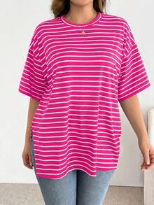 Shapeblank Plus-Size Women's Spring/Summer Fashionable Casual Loose Comfortable Everyday Basic Versatile Black And White Striped Short-Sleeved Super Loose T-Shirt,Summer Outfits,Oversize Tops,Simple Style,Work Tops - Hot Pink - View 4