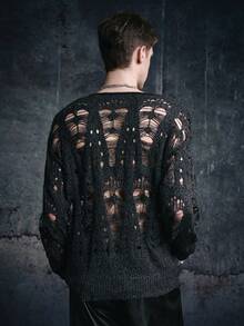 Vyqestra Men Solid Ripped Drop Shoulder Sweater, For Fall, Long Sleeve Top - Dark Grey - View 2