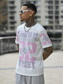 Devon Thys Men's Letter & Numeral Print Casual Loose Crew Neck Short Sleeve T-Shirt - Pink - View 4