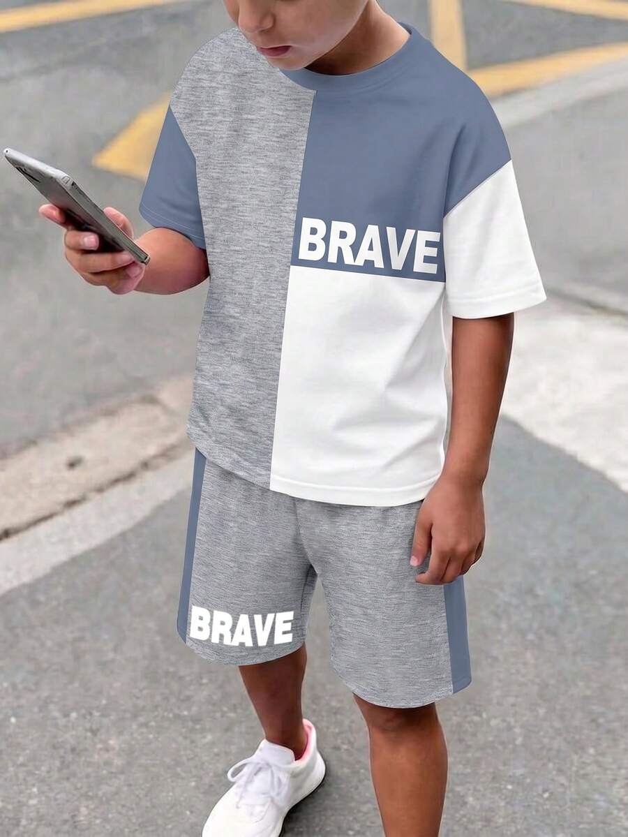Tween Boy Casual Comfortable Fashion Minimalist Crew Neck Short Sleeve T-Shirt And Shorts Set, Classic "BRAVE" Text And Retro Color Block Graphic Print, Suitable For Spring/Summer, School, And Street Wear - Multicolor - View 1