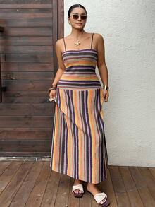 Livesso Damen Große Größen Urlaubskleid, ärmellos, gestreift, figurbetont, sexy Wickelkleid in Midi-Länge, bunt gestreift, Sommerkleid für Urlaub und Party - Verschiedenfarbig - Übersicht 5