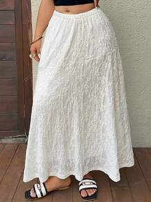 Dazy Plus Elastic Waist Lace All-Over Floral Embroidered Chiffon Long Elegant Plus Size Women's Spring/Summer Apricot Skirt - White - View 1