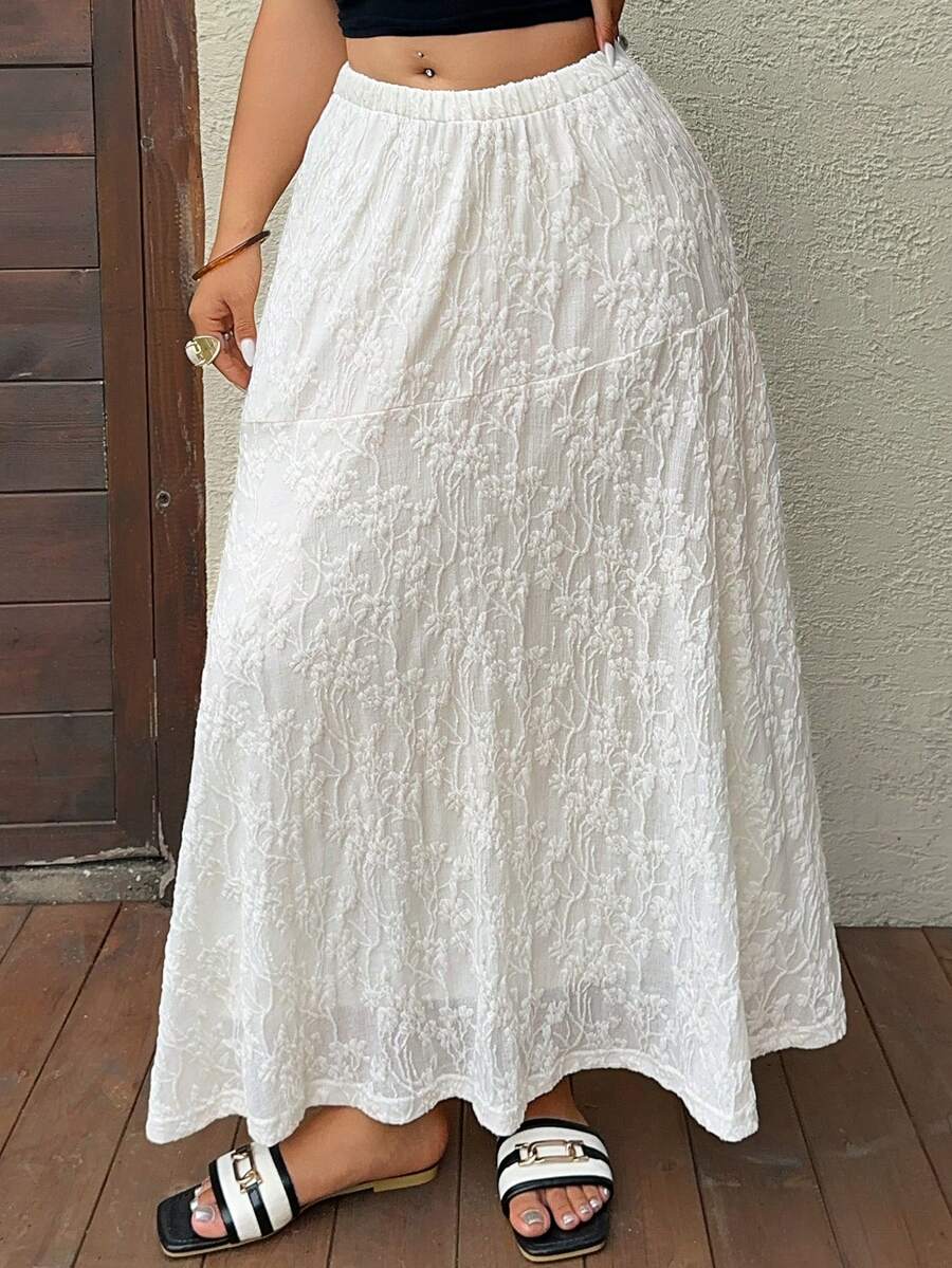 Dazy Plus Elastic Waist Lace All-Over Floral Embroidered Chiffon Long Elegant Plus Size Women's Spring/Summer Apricot Skirt - White - View 1