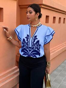 Weeklong Plus Size Women's Floral Print Ruffle Loose Blouse, Casual Holiday Top - Multicolor - View 3