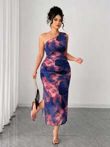 Elenzga Plus Size Mesh Printed Asymmetric Shoulder Dress - Multicolor - View 6