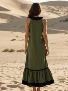 Balvessa Vestido largo elegante y romántico con bloques de color y volantes para mujer - Verde militar - Ver 2