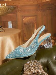 CUCCOO TILAWA Women's Crystal Heel Glass Rhinestone Pointed Toe Blue High Heel Pumps, Suitable For Outings, Banquets, Parties And Other Events - Sky Blue - View 3
