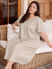 Doze Lane Classic Striped Frill Trim Backless Short Sleeve Casual Loose Dress, Plus Size Nightgown - Multicolor - View 6