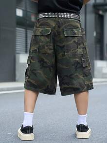 Manfinity EMRG 男士街頭風休閒多口袋印花迷彩牛仔短褲 - 軍綠色 - 查看 2