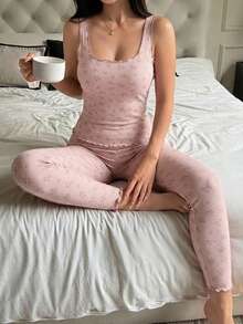 DAZY 2pcs/Set Women's Sweet Ditsy Floral Sleeveless Crop Top And Capri Pants Pajama Set, Suitable For Spring And Summer - Pink - View 4