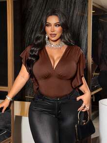 NU&NOW Plus Size Retro Sexy American V-Neck Ruffle Trim Waist Design T-Shirt Cocktail Chocolate Brown Summer - Black - View 5
