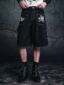 Vyqestra Quần short denim in họa tiết phong cách đường phố cho nam, mùa hè - Màu xanh lam - Xem 4