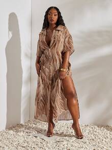SHEIN SXY Plus-Size Brown Animal Print Button-Down Slit Long Semi-Sheer Short-Sleeved Shirt/Blouse - Multicolor - View 4