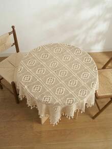 Cirelle 1pc Boho Crochet Round Tablecloth, Vintage Knit Hollow Out Table Cover With Tassels, Rustic Macrame Tablecloth For Dining Room, Kitchen, Cafe Decor - Beige - View 2