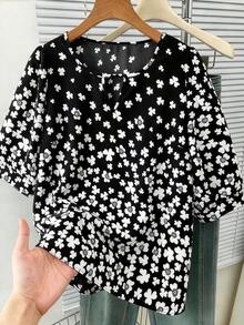 SHEIN LUNE Plus Size Romantic Vacation Floral Print Chiffon Mid-Length Blouse Date Night Black And White Autumn - Black - View 1