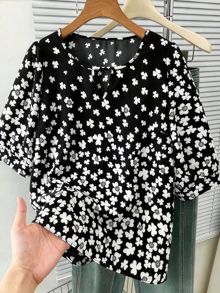 SHEIN LUNE Plus Size Romantic Vacation Floral Print Chiffon Mid-Length Blouse Date Night Black And White Autumn - Black - View 1