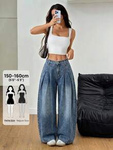 SHEIN PETITE Pantalon en jean à taille haute et jambes larges pour femmes PETITE, pantalon décontracté pour tous les jours & streetwear d'été pour femmes - Jean bleu - Voir 1
