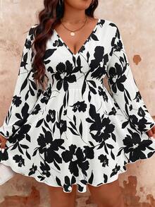 EMERY ROSE V-Neck Ruffle Sleeve Floral Print Semi-Transparent Dress Fall - Black and White - View 5