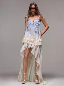 Sweetness Áo croptop phối ren và voan chiffon phong cách lãng mạn cho kỳ nghỉ, phối màu boho - Màu xanh nhạt - Xem 6