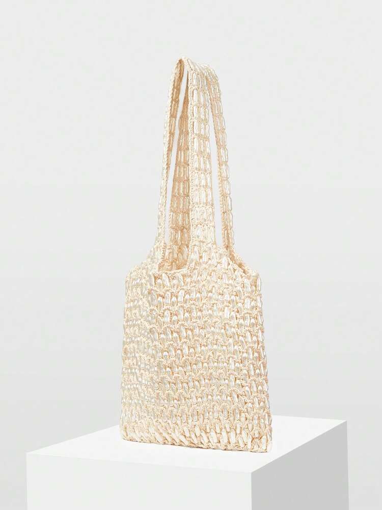 LADIES HAND-WOVEN BEADED PEARL SHOPPING BAG, CASUAL TOTE APRICOT SHOULDER BAG, SUITABLE FOR DAILY, SHOPPING, VACATION, TRAVEL, BEACH, SEASIDE MATCHING