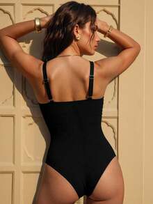 Swim Chiccia 女士简约纯色罗纹连体泳衣 - 黑色 - 查看 3