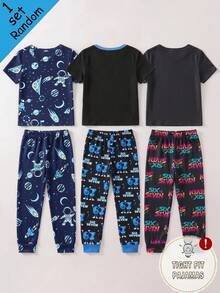 [Randomly Shipped 1 Set]Young Boys Pajamas Spring/Summer New Glow-In-The-Dark Hot-Selling Elements Universe, Rocket, Astronaut, Fun Digital Human 67 Combination Pattern Print, Knitted Tight Fit High Elastic Fabric Short Sleeve Long Pants Pajama 2-Piece Set Tight Fit Pajama (Randomly Shipped) 1 Set Will Be Shipped At Random - Multicolor - View 2