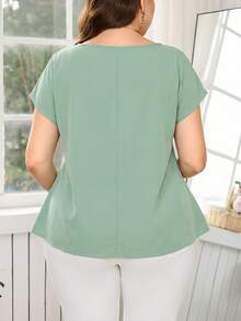 Reflora Plus Size Summer Elegant Solid Color Round Neck Side Ruched Waist Blouse Fall - Mint Green - View 2
