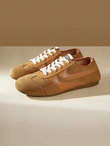 CUCCOO EASI Retro College Style Brown German Training Shoes, Low-Top Round Toe Soft-Soled Casual Board Shoes, Leather Splicing Design, Korean Versatile Flat-Heel Back To School - Brown . - View 2