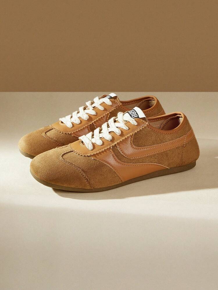 CUCCOO EASI Retro College Style Brown German Training Shoes, Low-Top Round Head Soft-Soled Casual Board Shoes, Leather Splicing Design, Korean Versatile Flat-Heel