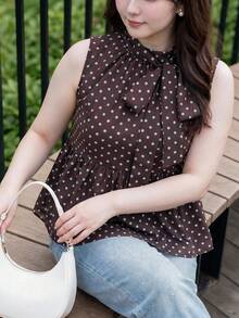 Bijouette Damen Große Größen Sommer Lässig Polka Dot Muster Vorderbindung Ärmellos Top - Braun - Übersicht 3