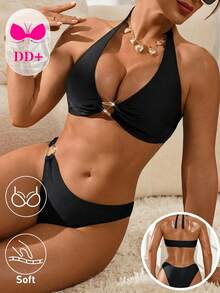 Swim DD+ 女款夏季海灘掛脖環扣純色泳衣套裝 - 黑色 - 查看 1