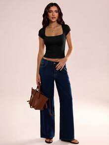 Avenya Women's Lace Trim Ribbed Knit Cropped Top - Black - View 5