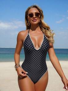 Swim Mod Women's One-Piece Seashell Trim Sexy Lace-Up Polka Dot Print Swimsuit, Beach, Pool, Casual Party, Holiday, Spring/Summer - Multicolor - View 4