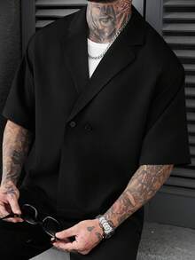 SLATEMANN 男士大尺碼純色鈕扣前襟寬鬆襯衫，儀式場合適用 - 黑色 - 查看 6